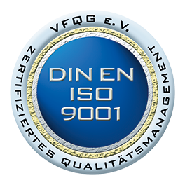 Rundes blaues Zertifikats-Siegel: DIN EN ISO 9001, Zertifiziertes Qualitätsmanagement.